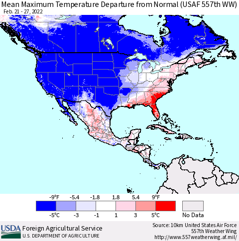 North America Mean Maximum Temperature Departure from Normal (USAF 557th WW) Thematic Map For 2/21/2022 - 2/27/2022