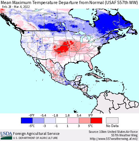 North America Mean Maximum Temperature Departure from Normal (USAF 557th WW) Thematic Map For 2/28/2022 - 3/6/2022