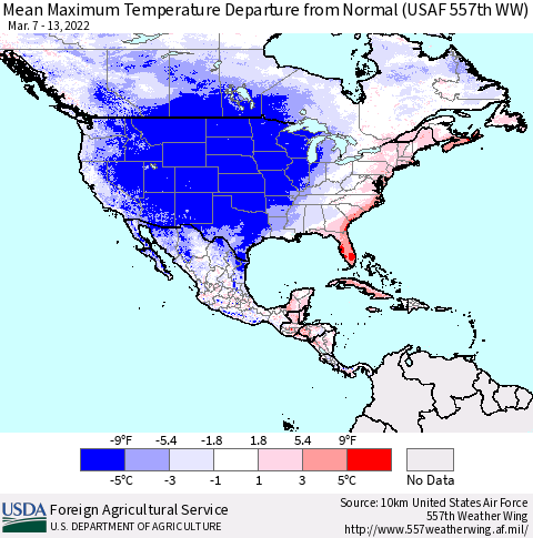 North America Mean Maximum Temperature Departure from Normal (USAF 557th WW) Thematic Map For 3/7/2022 - 3/13/2022