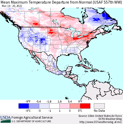 North America Mean Maximum Temperature Departure from Normal (USAF 557th WW) Thematic Map For 3/14/2022 - 3/20/2022