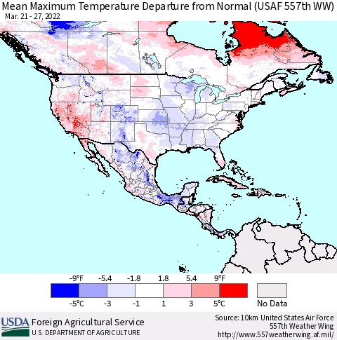 North America Mean Maximum Temperature Departure from Normal (USAF 557th WW) Thematic Map For 3/21/2022 - 3/27/2022