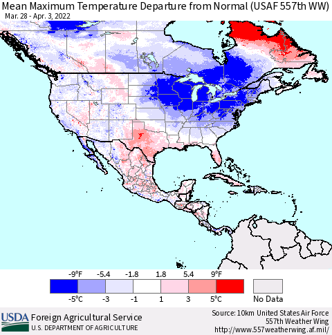 North America Mean Maximum Temperature Departure from Normal (USAF 557th WW) Thematic Map For 3/28/2022 - 4/3/2022