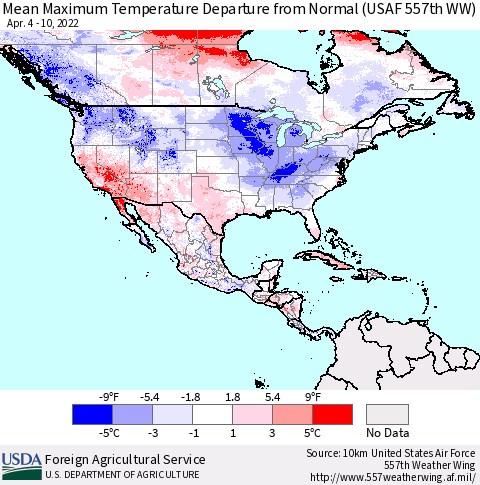 North America Mean Maximum Temperature Departure from Normal (USAF 557th WW) Thematic Map For 4/4/2022 - 4/10/2022