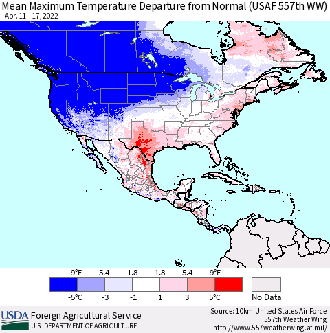 North America Mean Maximum Temperature Departure from Normal (USAF 557th WW) Thematic Map For 4/11/2022 - 4/17/2022