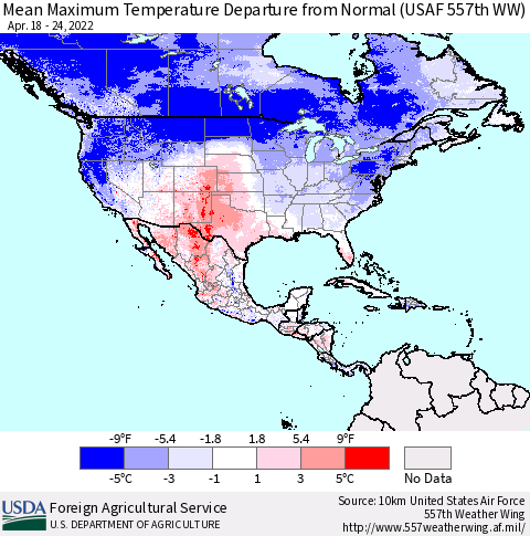 North America Mean Maximum Temperature Departure from Normal (USAF 557th WW) Thematic Map For 4/18/2022 - 4/24/2022