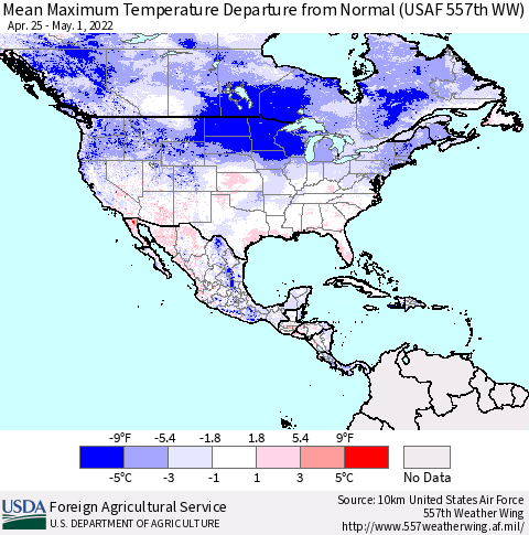 North America Mean Maximum Temperature Departure from Normal (USAF 557th WW) Thematic Map For 4/25/2022 - 5/1/2022