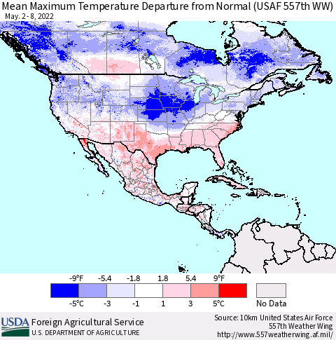 North America Mean Maximum Temperature Departure from Normal (USAF 557th WW) Thematic Map For 5/2/2022 - 5/8/2022