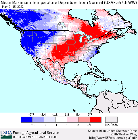 North America Mean Maximum Temperature Departure from Normal (USAF 557th WW) Thematic Map For 5/9/2022 - 5/15/2022