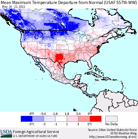 North America Mean Maximum Temperature Departure from Normal (USAF 557th WW) Thematic Map For 5/16/2022 - 5/22/2022