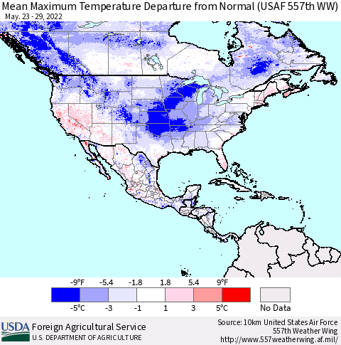 North America Mean Maximum Temperature Departure from Normal (USAF 557th WW) Thematic Map For 5/23/2022 - 5/29/2022