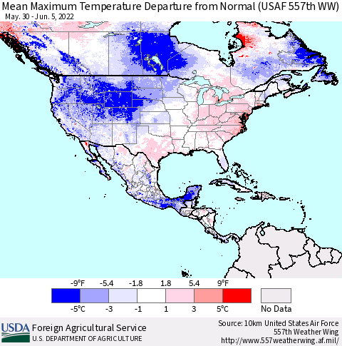 North America Mean Maximum Temperature Departure from Normal (USAF 557th WW) Thematic Map For 5/30/2022 - 6/5/2022