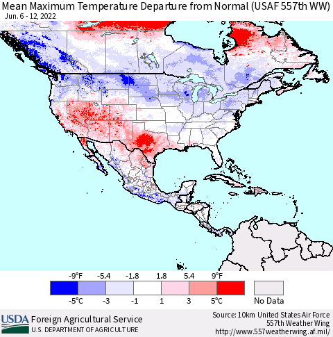 North America Mean Maximum Temperature Departure from Normal (USAF 557th WW) Thematic Map For 6/6/2022 - 6/12/2022