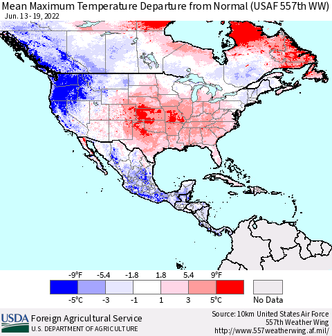 North America Mean Maximum Temperature Departure from Normal (USAF 557th WW) Thematic Map For 6/13/2022 - 6/19/2022