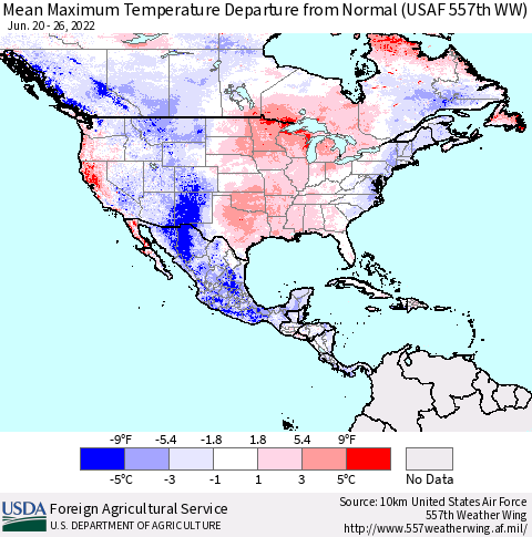 North America Mean Maximum Temperature Departure from Normal (USAF 557th WW) Thematic Map For 6/20/2022 - 6/26/2022