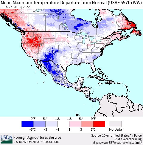 North America Mean Maximum Temperature Departure from Normal (USAF 557th WW) Thematic Map For 6/27/2022 - 7/3/2022