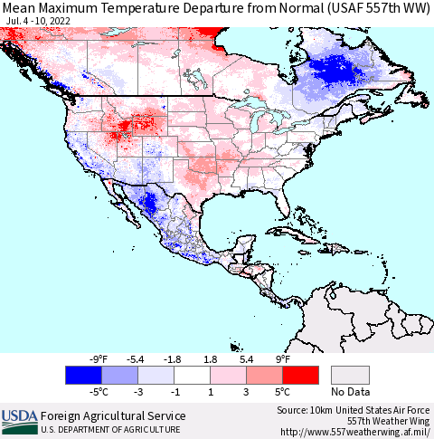 North America Mean Maximum Temperature Departure from Normal (USAF 557th WW) Thematic Map For 7/4/2022 - 7/10/2022