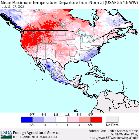 North America Mean Maximum Temperature Departure from Normal (USAF 557th WW) Thematic Map For 7/11/2022 - 7/17/2022
