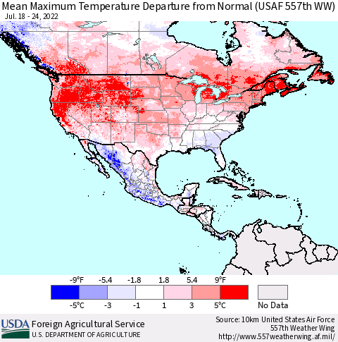 North America Mean Maximum Temperature Departure from Normal (USAF 557th WW) Thematic Map For 7/18/2022 - 7/24/2022