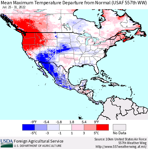 North America Mean Maximum Temperature Departure from Normal (USAF 557th WW) Thematic Map For 7/25/2022 - 7/31/2022