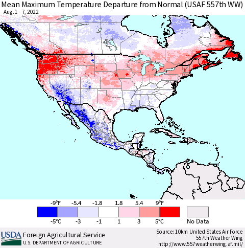 North America Mean Maximum Temperature Departure from Normal (USAF 557th WW) Thematic Map For 8/1/2022 - 8/7/2022