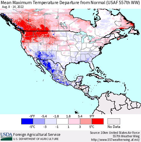North America Mean Maximum Temperature Departure from Normal (USAF 557th WW) Thematic Map For 8/8/2022 - 8/14/2022