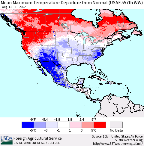 North America Mean Maximum Temperature Departure from Normal (USAF 557th WW) Thematic Map For 8/15/2022 - 8/21/2022