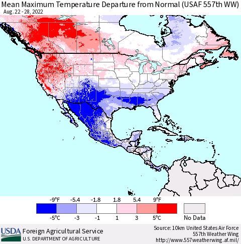 North America Mean Maximum Temperature Departure from Normal (USAF 557th WW) Thematic Map For 8/22/2022 - 8/28/2022