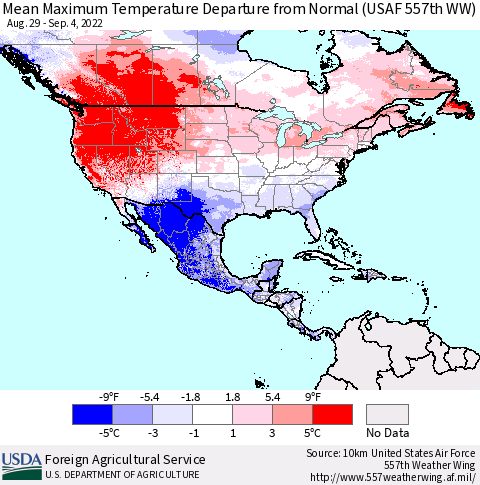 North America Mean Maximum Temperature Departure from Normal (USAF 557th WW) Thematic Map For 8/29/2022 - 9/4/2022