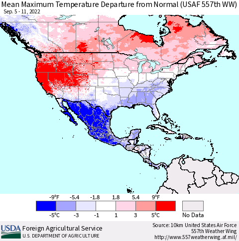 North America Mean Maximum Temperature Departure from Normal (USAF 557th WW) Thematic Map For 9/5/2022 - 9/11/2022