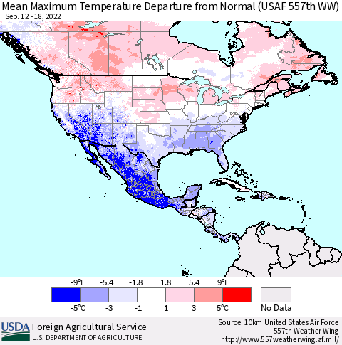 North America Mean Maximum Temperature Departure from Normal (USAF 557th WW) Thematic Map For 9/12/2022 - 9/18/2022