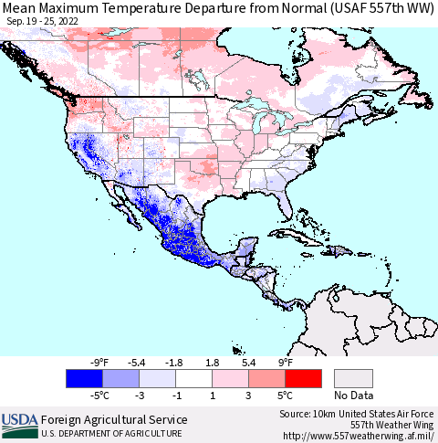 North America Mean Maximum Temperature Departure from Normal (USAF 557th WW) Thematic Map For 9/19/2022 - 9/25/2022