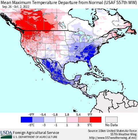 North America Mean Maximum Temperature Departure from Normal (USAF 557th WW) Thematic Map For 9/26/2022 - 10/2/2022