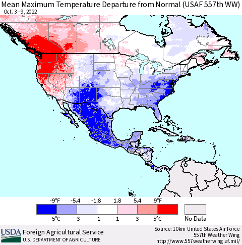 North America Mean Maximum Temperature Departure from Normal (USAF 557th WW) Thematic Map For 10/3/2022 - 10/9/2022