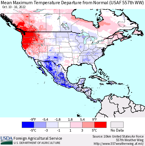 North America Mean Maximum Temperature Departure from Normal (USAF 557th WW) Thematic Map For 10/10/2022 - 10/16/2022