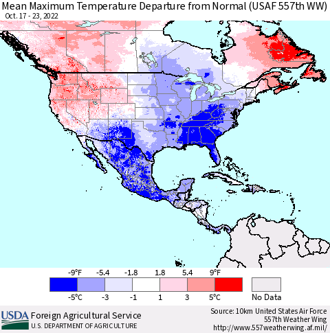 North America Mean Maximum Temperature Departure from Normal (USAF 557th WW) Thematic Map For 10/17/2022 - 10/23/2022
