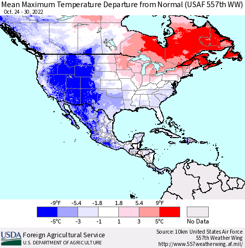 North America Mean Maximum Temperature Departure from Normal (USAF 557th WW) Thematic Map For 10/24/2022 - 10/30/2022