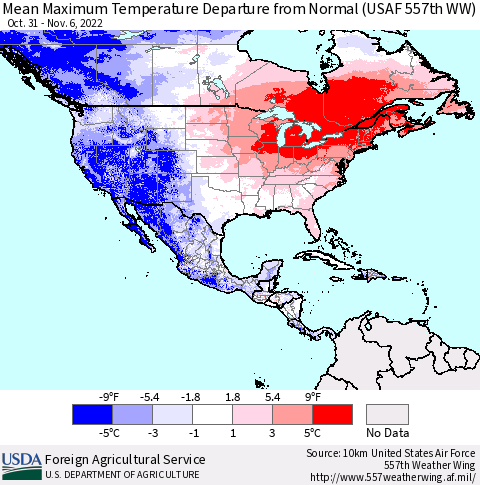 North America Mean Maximum Temperature Departure from Normal (USAF 557th WW) Thematic Map For 10/31/2022 - 11/6/2022