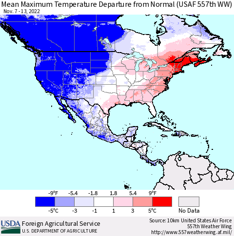 North America Mean Maximum Temperature Departure from Normal (USAF 557th WW) Thematic Map For 11/7/2022 - 11/13/2022