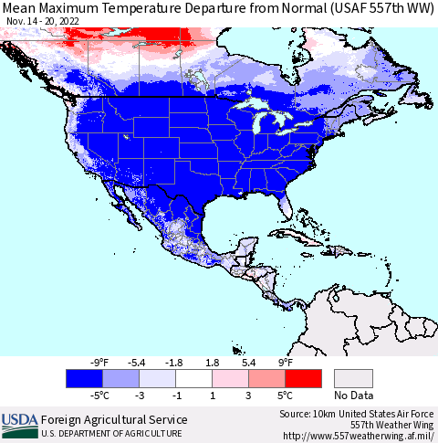 North America Mean Maximum Temperature Departure from Normal (USAF 557th WW) Thematic Map For 11/14/2022 - 11/20/2022