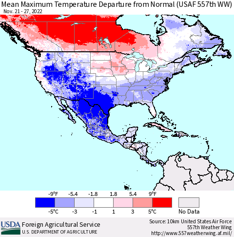 North America Mean Maximum Temperature Departure from Normal (USAF 557th WW) Thematic Map For 11/21/2022 - 11/27/2022