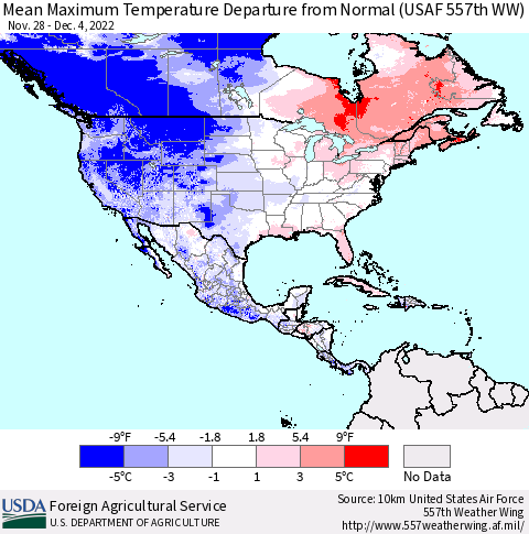 North America Mean Maximum Temperature Departure from Normal (USAF 557th WW) Thematic Map For 11/28/2022 - 12/4/2022