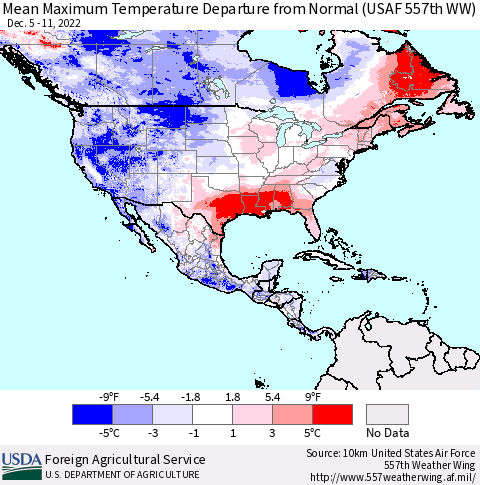 North America Mean Maximum Temperature Departure from Normal (USAF 557th WW) Thematic Map For 12/5/2022 - 12/11/2022