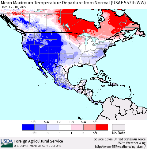 North America Mean Maximum Temperature Departure from Normal (USAF 557th WW) Thematic Map For 12/12/2022 - 12/18/2022