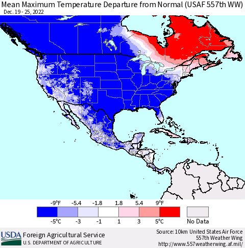 North America Mean Maximum Temperature Departure from Normal (USAF 557th WW) Thematic Map For 12/19/2022 - 12/25/2022