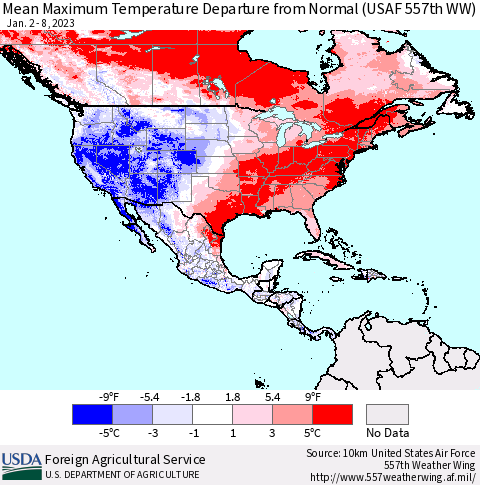North America Mean Maximum Temperature Departure from Normal (USAF 557th WW) Thematic Map For 1/2/2023 - 1/8/2023