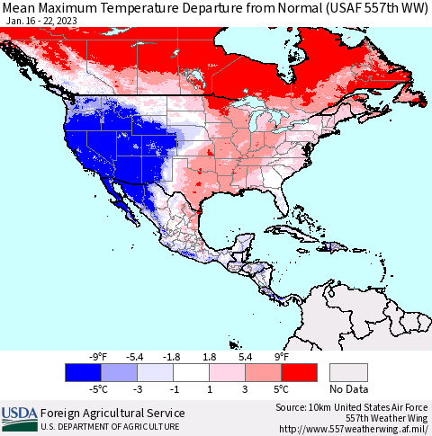 North America Mean Maximum Temperature Departure from Normal (USAF 557th WW) Thematic Map For 1/16/2023 - 1/22/2023