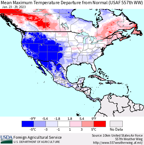 North America Mean Maximum Temperature Departure from Normal (USAF 557th WW) Thematic Map For 1/23/2023 - 1/29/2023