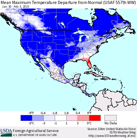 North America Mean Maximum Temperature Departure from Normal (USAF 557th WW) Thematic Map For 1/30/2023 - 2/5/2023