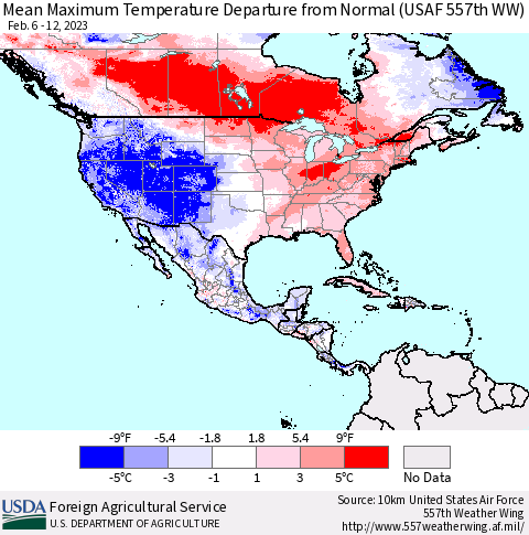 North America Mean Maximum Temperature Departure from Normal (USAF 557th WW) Thematic Map For 2/6/2023 - 2/12/2023