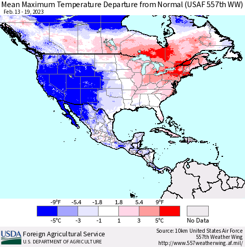 North America Mean Maximum Temperature Departure from Normal (USAF 557th WW) Thematic Map For 2/13/2023 - 2/19/2023